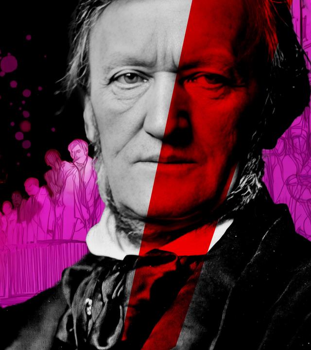 Grafik eines Porträts von Richard Wagner und einer Menschenmenge