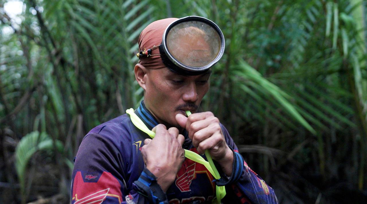 Ein Mann mit Taucherausrüstung vor Palmen