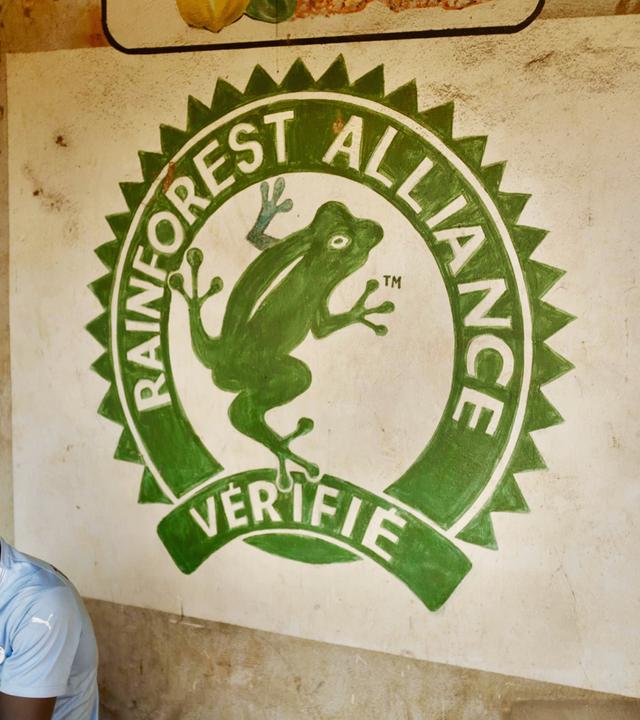 Ein junger Mann sitzt in einem Raum und schaut auf sein Mobiltelefon. Hinter ihm sieht man eine Wand mit einem Logo.