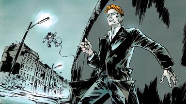 Gezeichnetes Comic-Bild von einem Mann im Anzug, der mit einer Zigarette auf der Straße steht, während hinter ihm ein Astronaut an einer Leine schwebt.