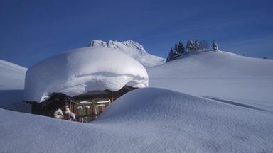 Eine Almhütte verborgen unter meterhohem Schnee
