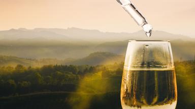 Pipette über einem gefüllten Weinglas vor hügeliger Landschaft.