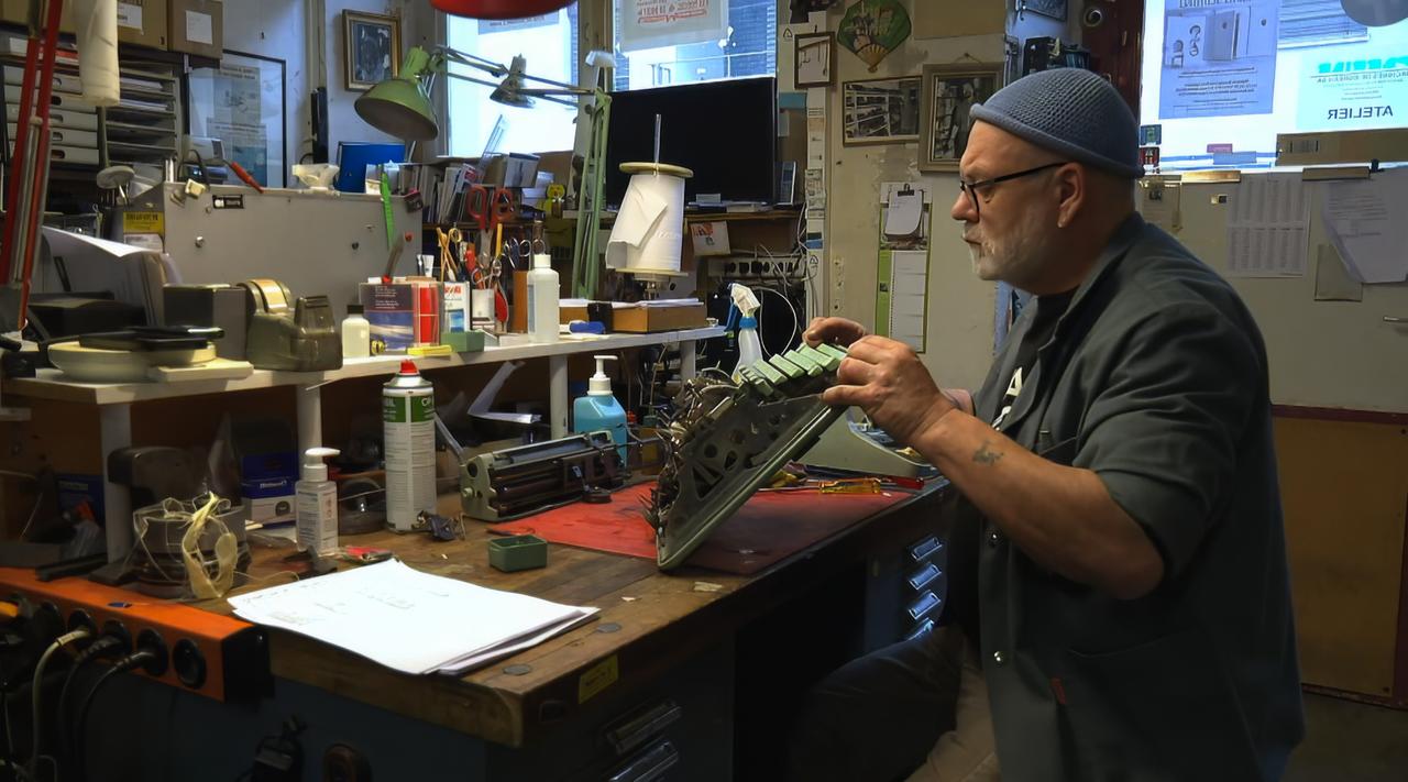 Ein älterer Mann mit Brille und Mütze arbeitet in einer Werkstatt an einer alten mechanischen Schreibmaschine, umgeben von Werkzeugen und Ersatzteilen.