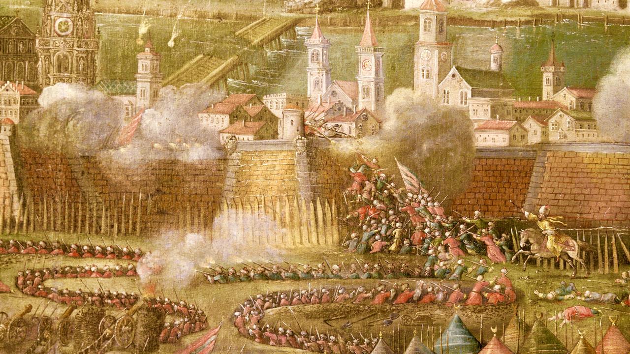 Gemälde einer historischen Schlacht, angreifende feindliche Truppen vor einer Stadtmauer