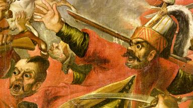 Detail aus einem historischen Schlachtgemälde, ein osmanischer Kämpfer mit Säbel im Schlachtgetümmel