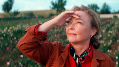 Eine Frau hält sich die Hand über die Augen und blickt in die Ferne.