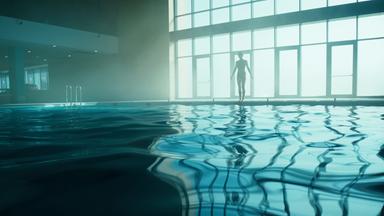 Charlie (Leonie Benesch) steht am Rand eines Schwimmbeckens in einer Schwimmhalle mit großen Fenstern. Sie trägt einen Badeanzug.