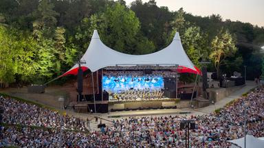 Blick von oben auf die Waldbühne und das volle Publikum