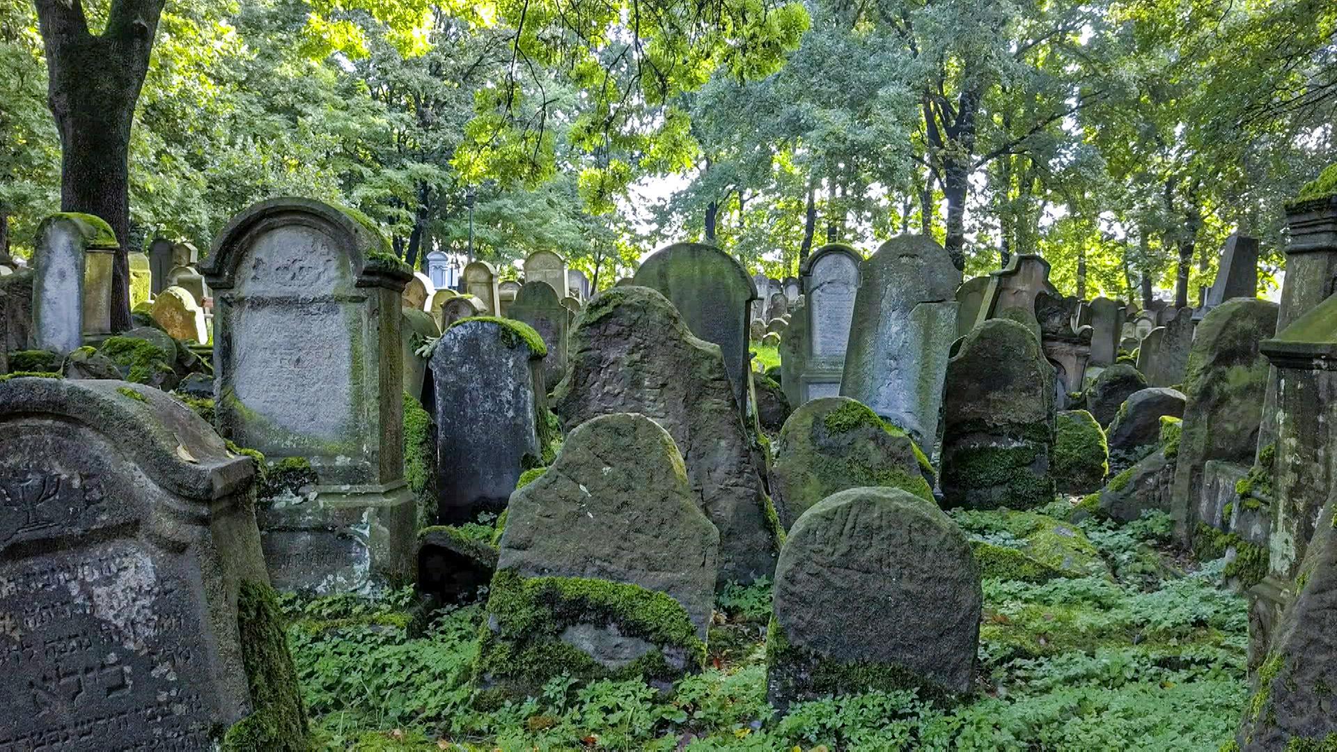 Blick auf einen Friedhof mit verwitterten Steinen