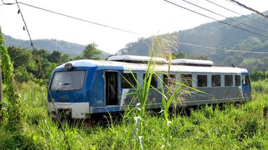 Kleiner Dieseltriebwagen fährt durch die Landschaft