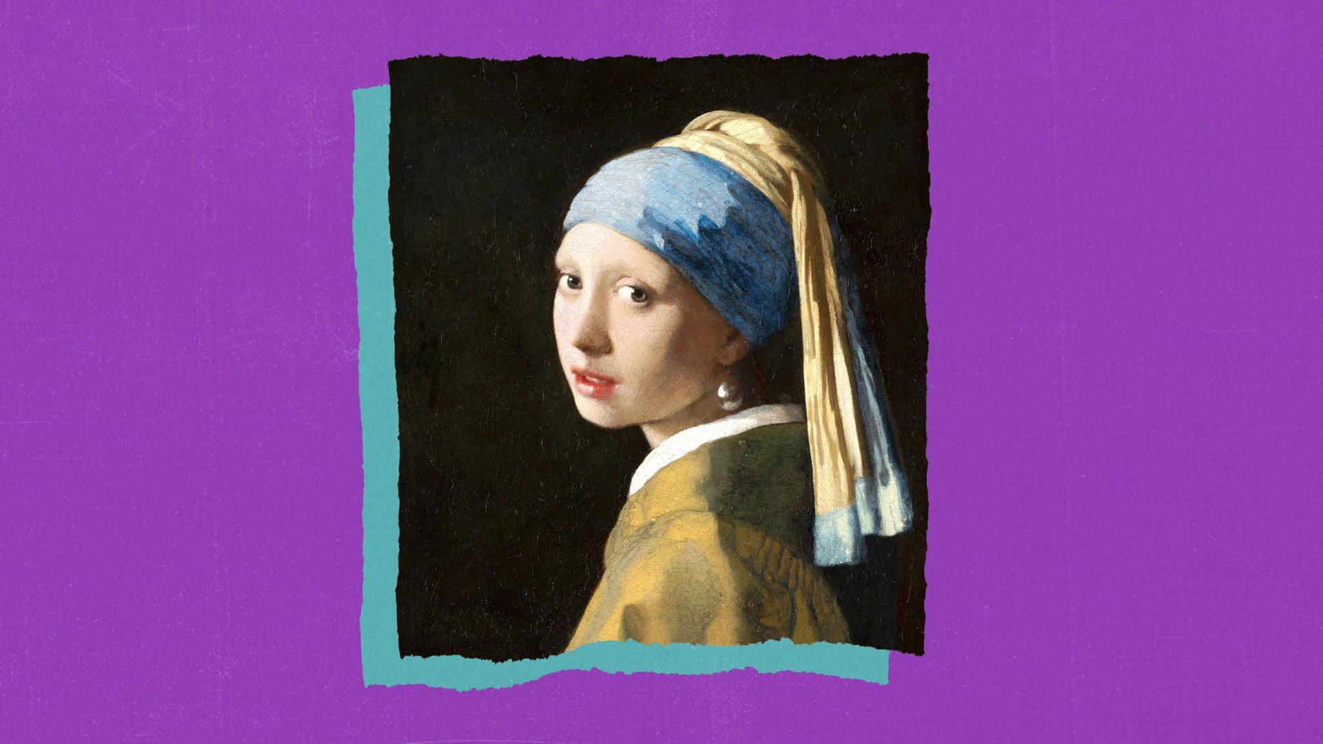 "Das Mädchen mit dem Perlenohrring" von Jan Vermeer vor einem lilafarbenen Hintergrund.