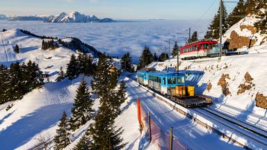 In Rigi Staffel teilt sich die Strecke. Die roten Züge fahren nach Vitznau, die blauen nach Goldau