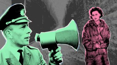 Fotomontage. Ein grün eingefärbter Polizist in Uniform spricht in ein Megafon, das er in der Hand hält. Daneben ist eine rötlich eingefärbte Frau in einem Pelzmantel zu sehen.