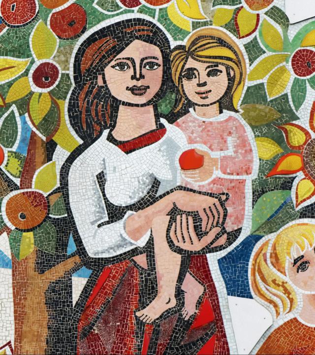 Mosaik mit einer Frau, die ein Kind im Arm hält, während ein weiteres Kind vor Blumen und einem Schmetterling steht; im Hintergrund ein Apfelbaum und Sonnenblumen.