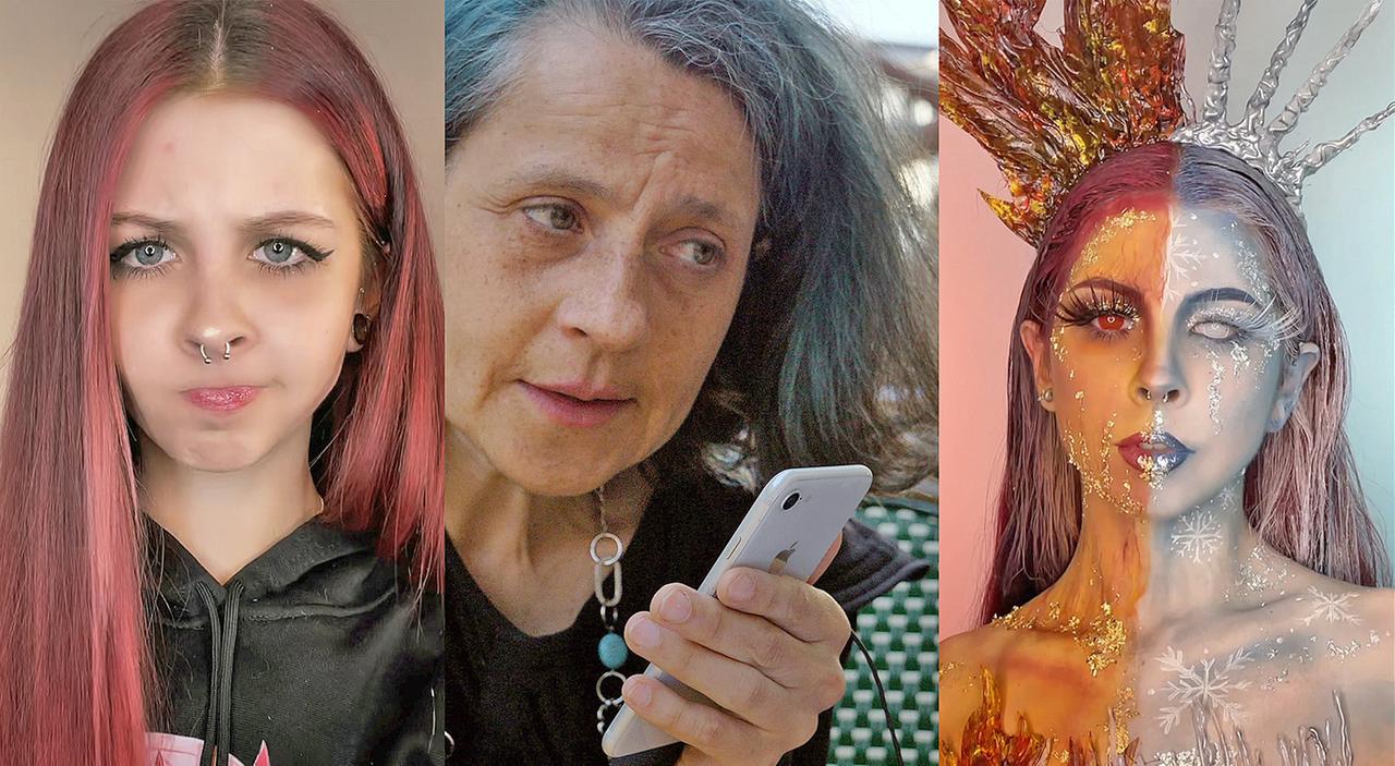 Splitscreen mit drei Bildern: Eine Frau mit Smartphone (Mitte). Eine junge Frau mit skeptischem Blick (links). Dieselbe junge Frau, aufwändig geschminkt (rechts).