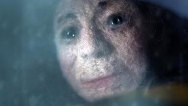 Gesicht einer Filzfigur.