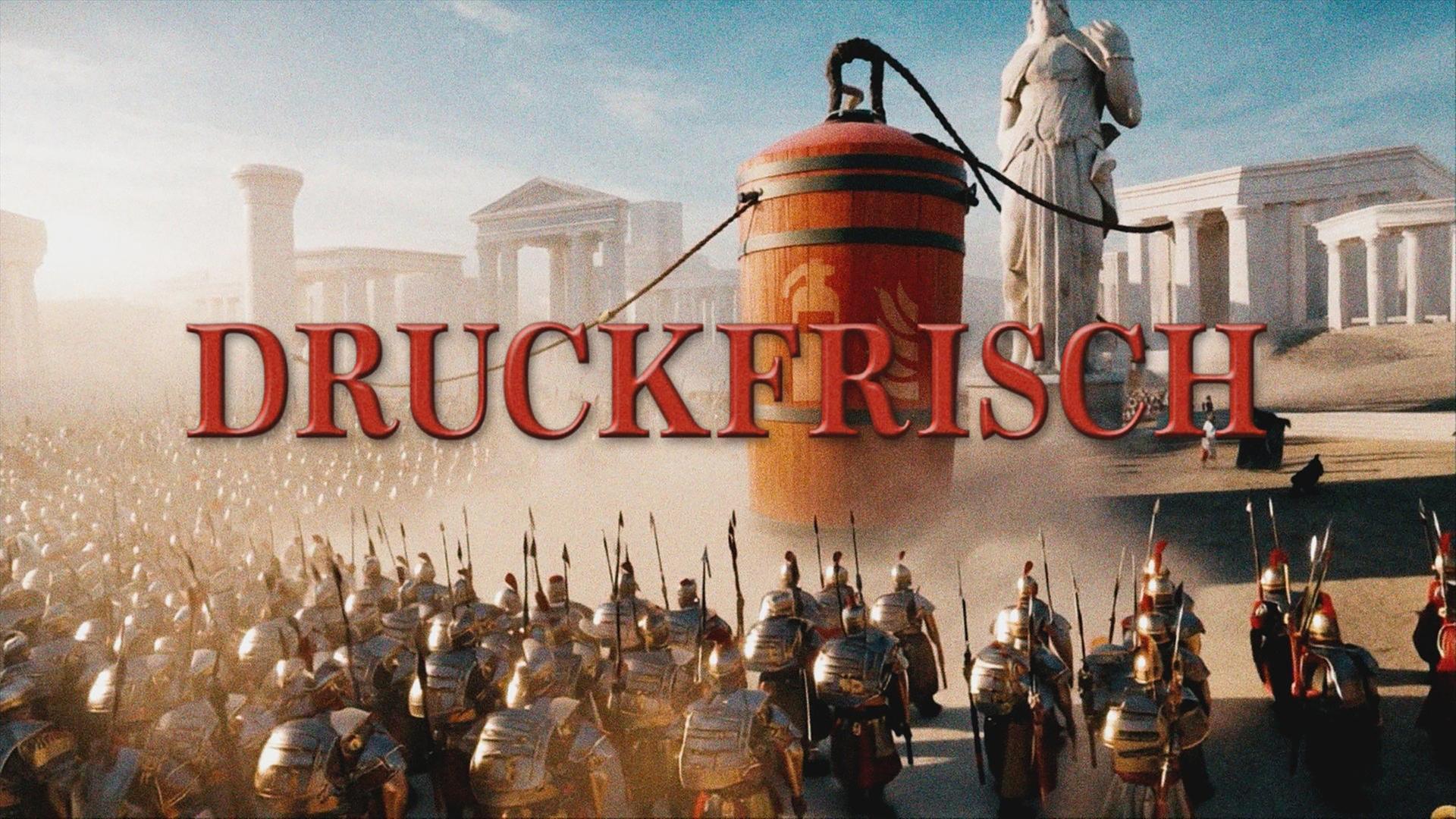 Ein gemaltes Bild von hunderten römischer Soldaten vor Gebäuden mit Säulen. Quer über das Bild verläuft der Schriftzug von „Druckfrisch“.