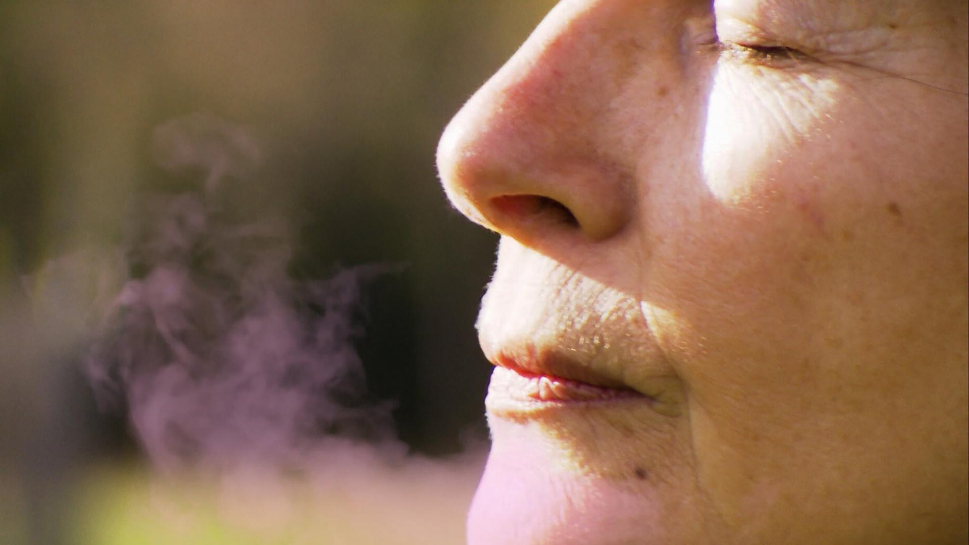 Das Bild zeigt das Gesicht einer Frau in Nahaufnahme. Sie hat geschlossene Augen und atmet sichtbar aus, wobei ein leichter Dampf oder eine Wolke aus ihrem Mund austritt. Die Haut der Frau zeigt leichte Falten. Der Hintergrund ist unscharf und hat eine warme, natürliche Farbpalette mit verschiedenen Grüntönen und einem sanften Licht, das auf ihr Gesicht fällt. Die Atmosphäre wirkt ruhig und nachdenklich.   Dies steht im Kontext eines Films, der die Geschichte der Düfte in Wien thematisiert, einschließlich der Herstellung von Kosmetik und Parfums. Es geht um die Essenz von Wien und die Bedeutung von Düften in der Stadt.