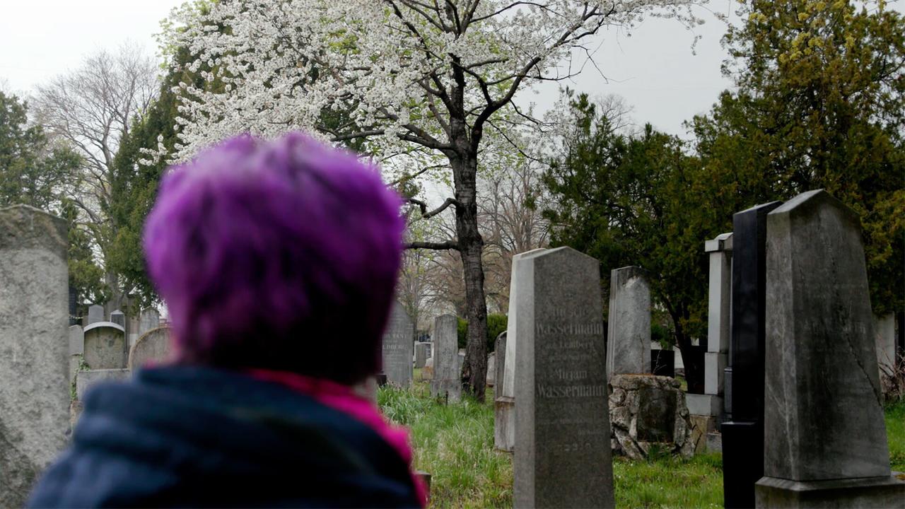 Im Bild ist eine Person mit lila Haaren zu sehen, die vor Grabsteinen auf einem Friedhof steht. Im Hintergrund sind blühende Bäume und grünes Gras zu erkennen. Der Himmel ist bewölkt.