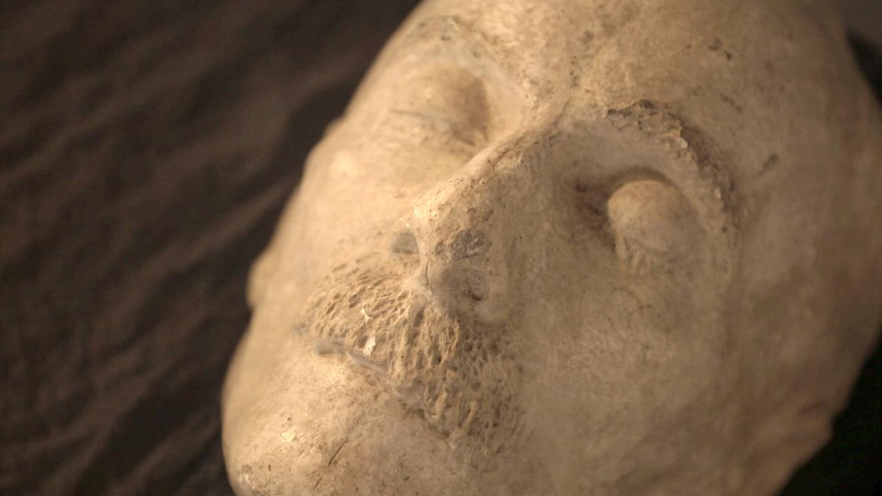 Das Bild zeigt eine Totenmaske von Albin Egger-Lienz. Die Maske ist aus einem hellen Material und zeigt das Gesicht mit geschlossenen Augen und einem kleinen Schnurrbart. Der Hintergrund ist dunkel.