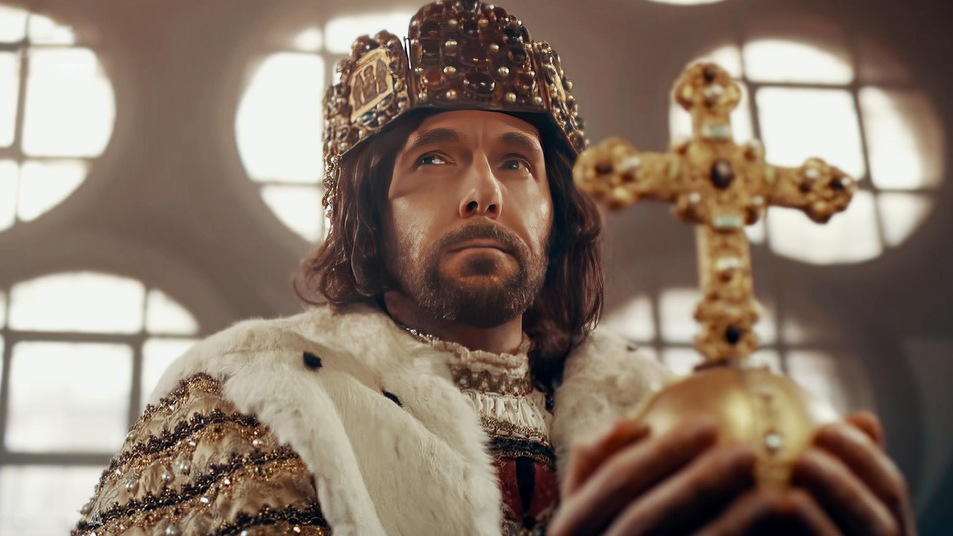 Im Vordergrund: Mirko Drotschmann in Ritterrüstung. Im Hintegrund eine Burg