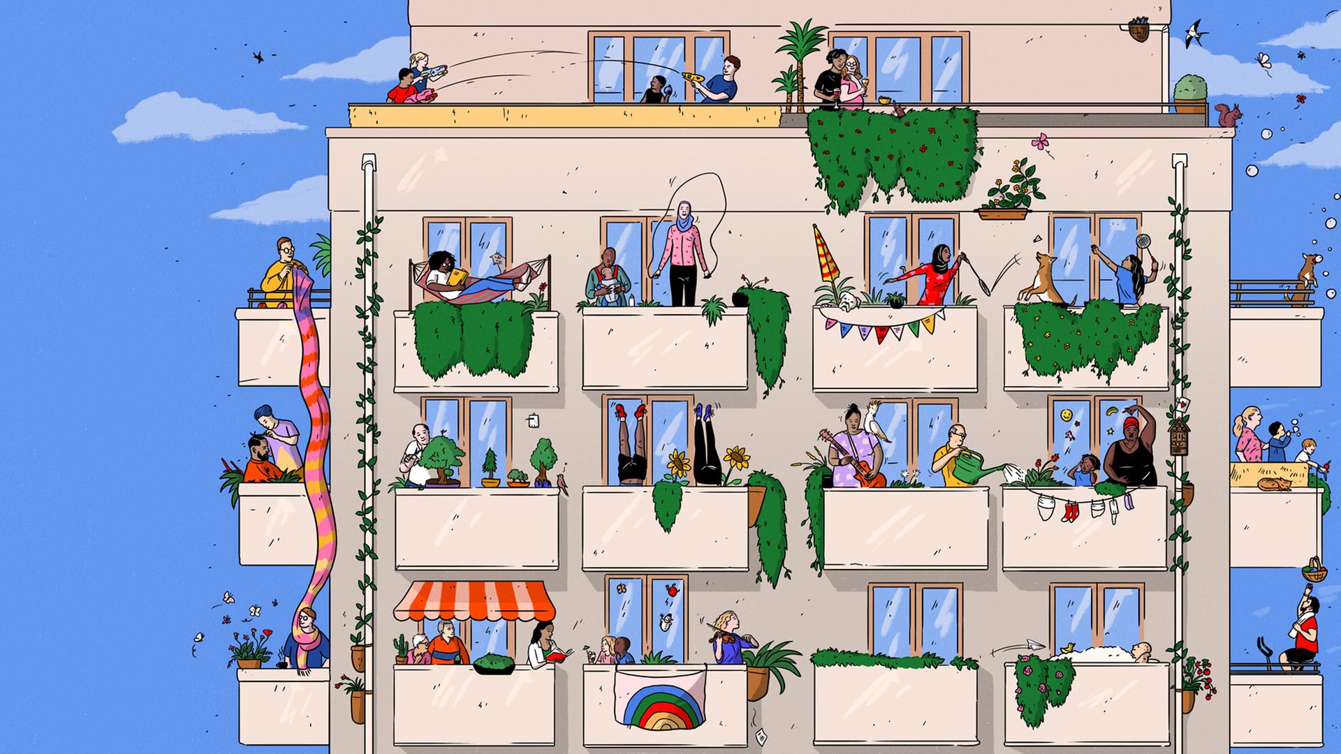 Die Illustration eines bewohnten Hochhauses mit vielen Wohnungen, auf den Balkonen gehen die Bewohner den verschiedensten Aktivitäten nach.