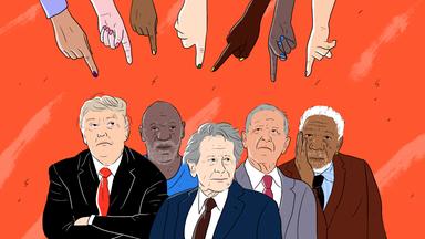 Die Illustration von fünf Männern, die betreten zur Seite schauen, während von oben sieben Hände mit dem Zeigefinger auf sie zeigen.