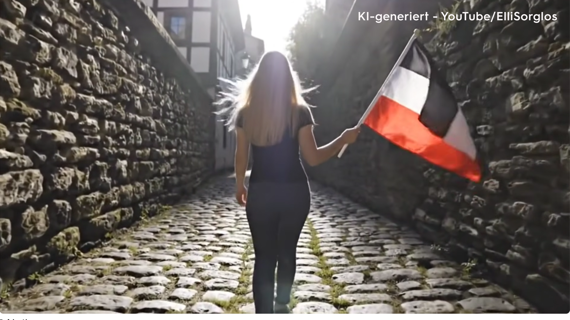 KI-generiertes Bild von der Rückansicht einer jungen Frau mit langen blonden Haaren in enger Legging und T-Shirt, die in einer Hand eine schwarz-weiß-rote Reichsflagge schwenkt und durch eine enge Kopfsteinpflasterstraße mit Fachwerkhäusern läuft.