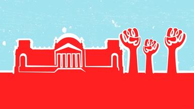 Gemaltes stark vereinfachtes Bild von einem imposanten Gebäude mit Säuleneingang, das wie das Kapitol in Washington aussieht. Daneben große in den Himmel gereckte Fäuste, die auf den ersteb Blick wie Bäume aussehen.