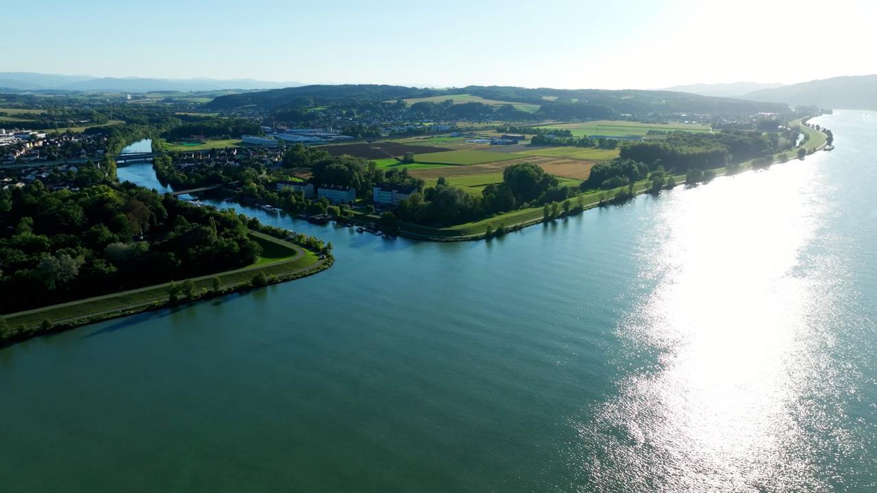 Das Bild zeigt eine Luftaufnahme der Erlaufmündung in die Donau. Im Vordergrund fließt der ruhige, grünlich schimmernde Fluss Erlauf, der in die breitere Donau mündet. Am Ufer sind bewaldete Bereiche sichtbar, die von einer Uferstraße begleitet werden. Im Hintergrund erstreckt sich eine weitläufige, hügelige Landschaft mit landwirtschaftlichen Flächen und vereinzelten Häusern. Die Sonne scheint hell und reflektiert auf der Wasseroberfläche, was eine funkelnde Wirkung erzeugt. Das Gesamtbild vermittelt einen Eindruck von natürlicher Schönheit und Harmonie zwischen Wasser und Land.