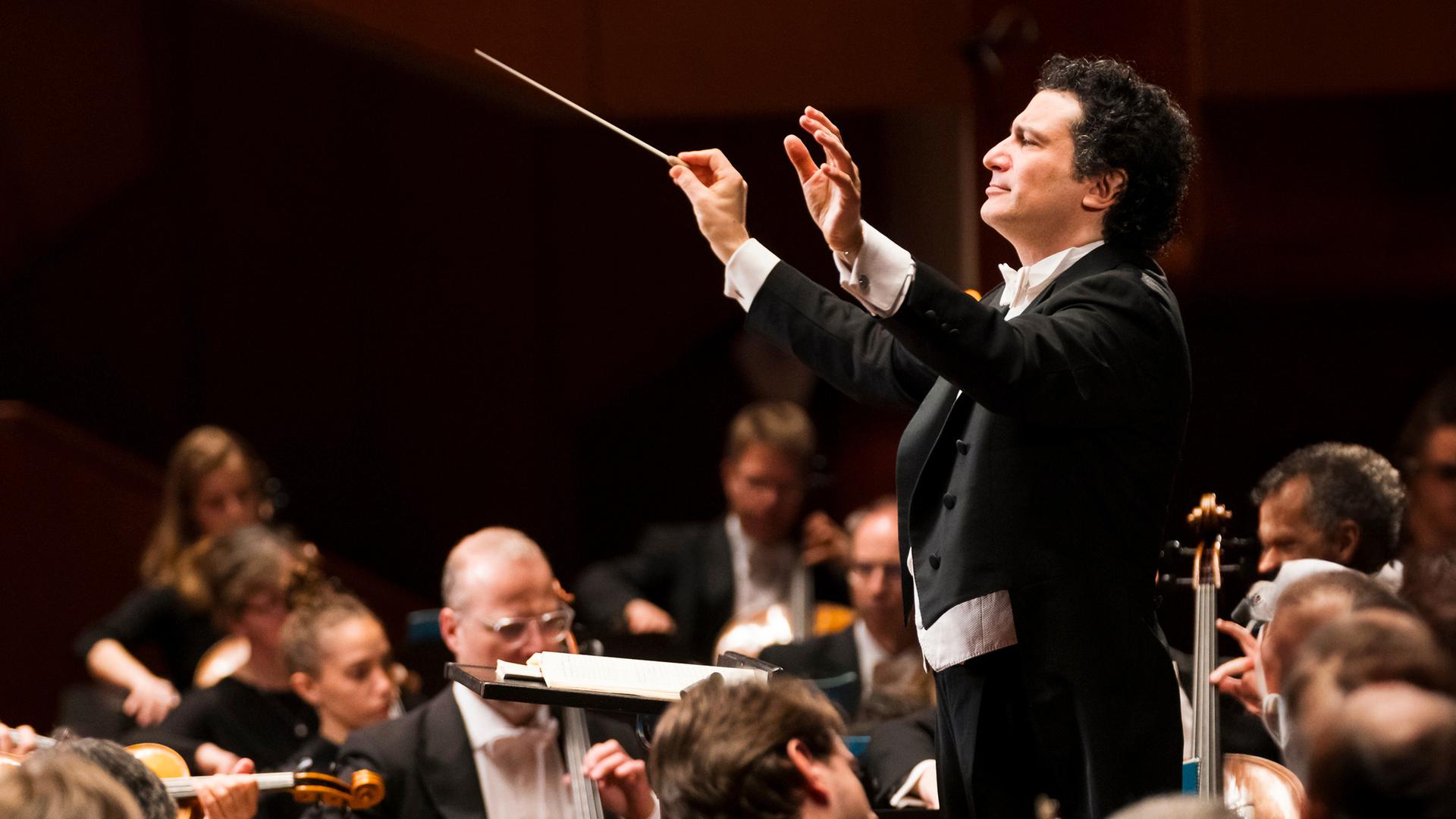 Ein Dirigent in Anzug und Orchestermusikant*innen.