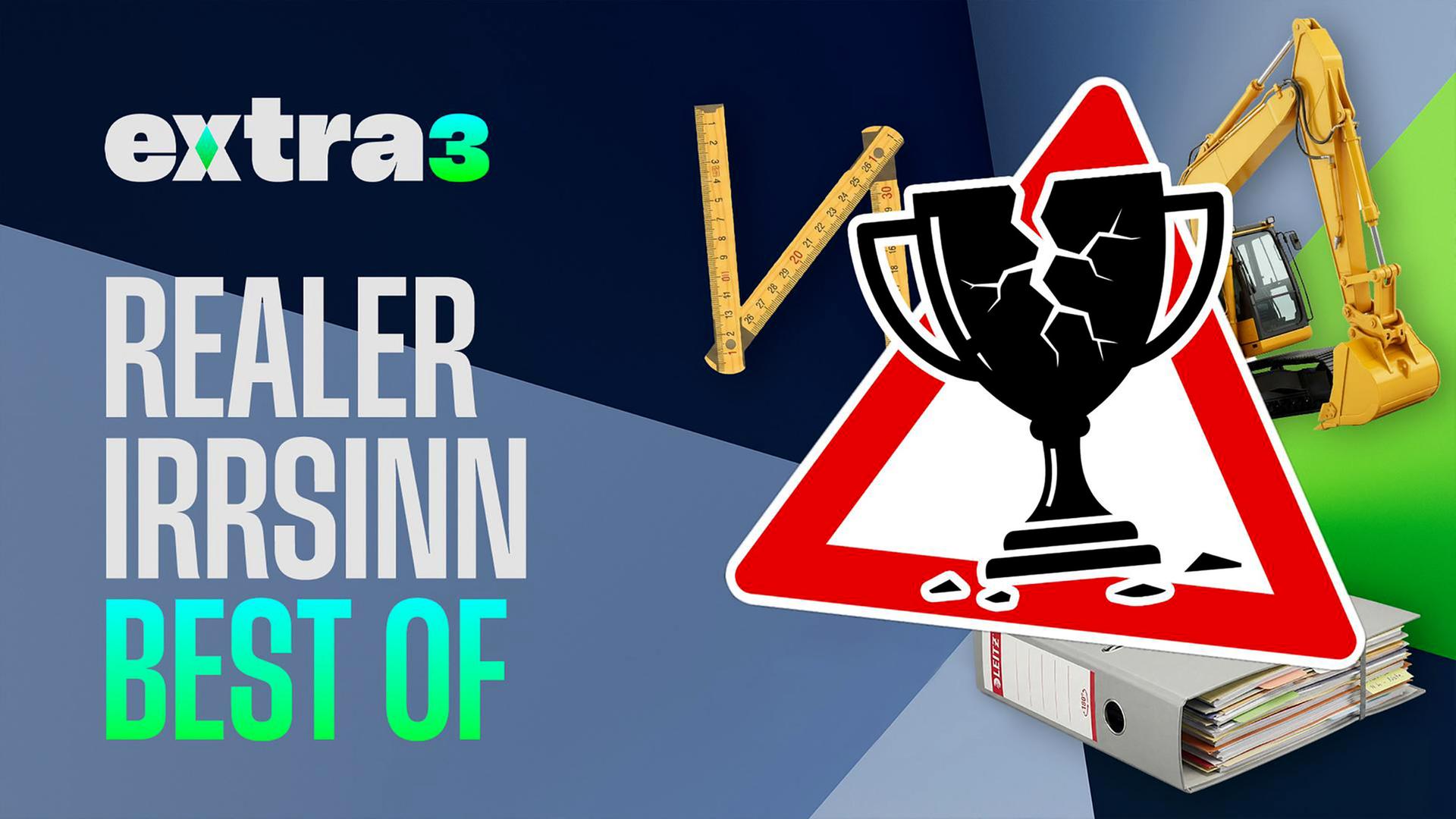 Ein dreieckiges Warnschild mit einem zertrümmerten Pokal. Das Schild steht auf einem Ordner. Dahinter sind ein Bagger und ein Meterstab . Das Bild wurde mit Hilfe von KI erstellt.