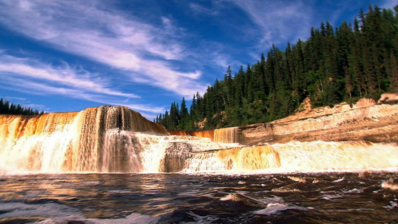 Ein Wasserfall, im Hintergrund ein Wald. 