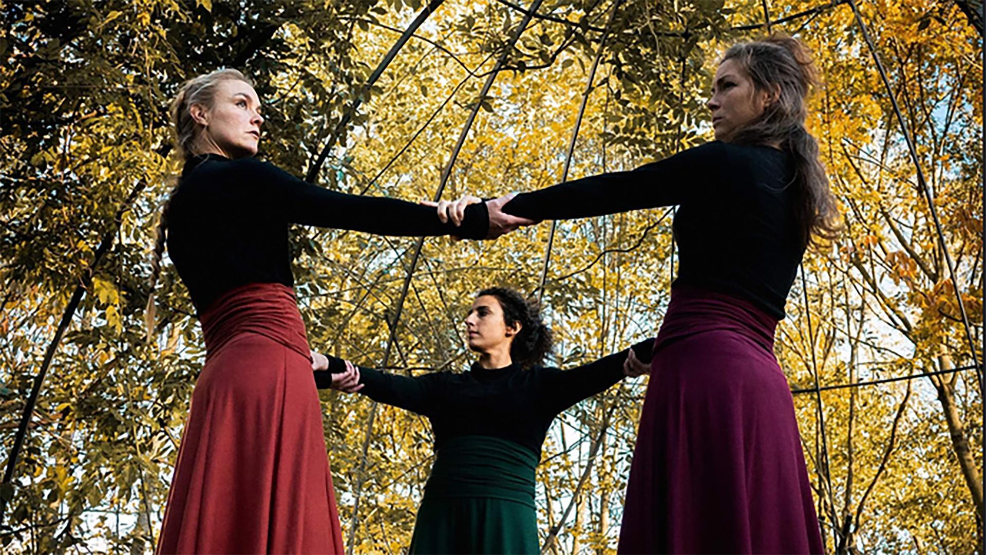 Drei Frauen halten sich im Wald an den Händen im Kreis.