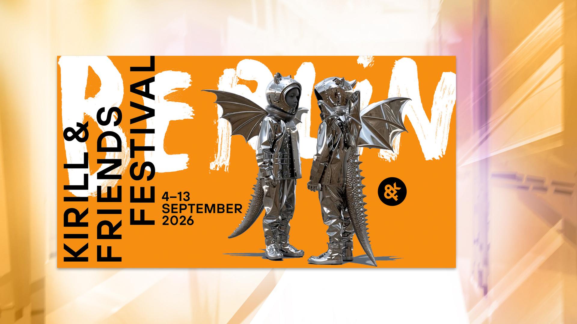 Auf einem orangefarbenen Festivalplakat sieht man zwei Personen in silbrigen Drachenkostümen.