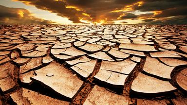 Vertrockneter Boden vor Abendhimmel