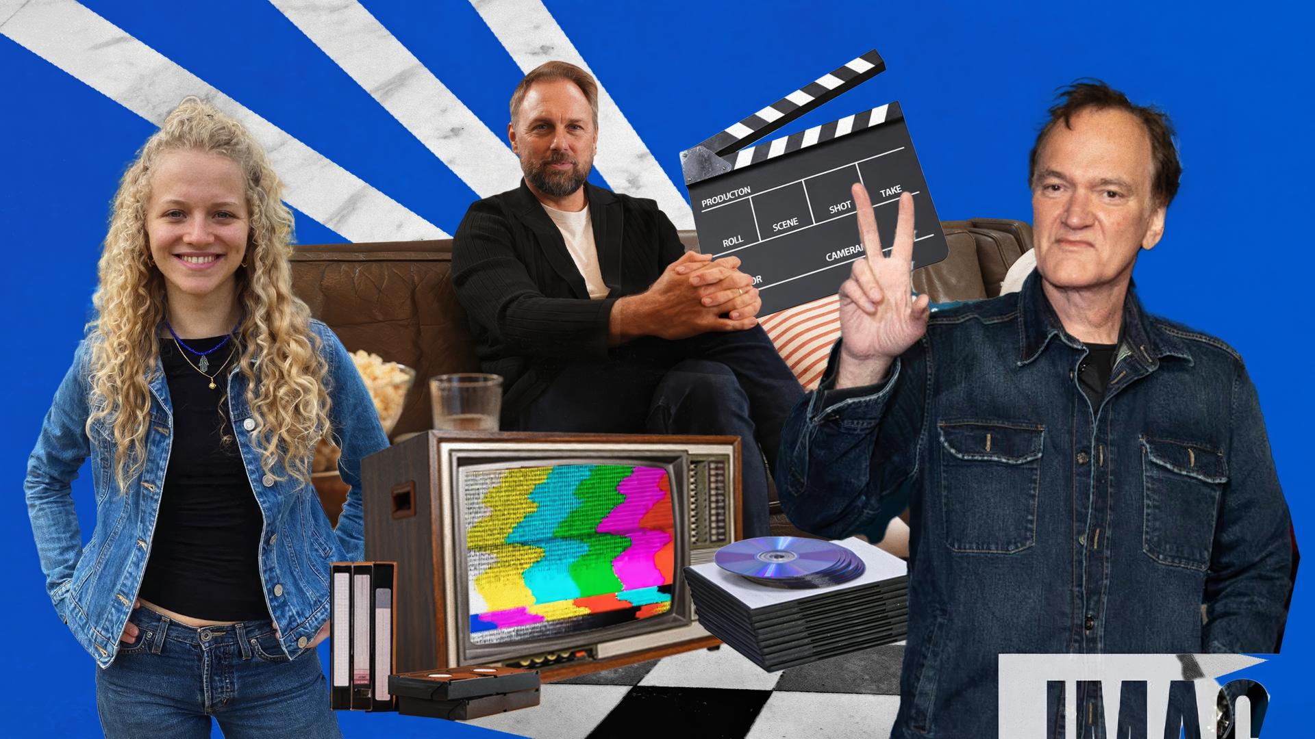 Der Hintergrund des Bildes ist blau. Man erkennt drei weiße Streifen. Auf dem Bild sind sowohl Menschen, als auch  Gegenstände zu erkennen. Eine Frau mit blonden gelockten Haaren lächelt direkt in die Kamera. Links neben ihr sind ein Mann auf einer Couch und ein Mann, der mit den Fingern ein Peace-Zeichen macht, zu sehen. Zwischen den Menschen ist unter anderem eine Filmklappe und ein Fernseher mit buntem Testbild zu erkennen.