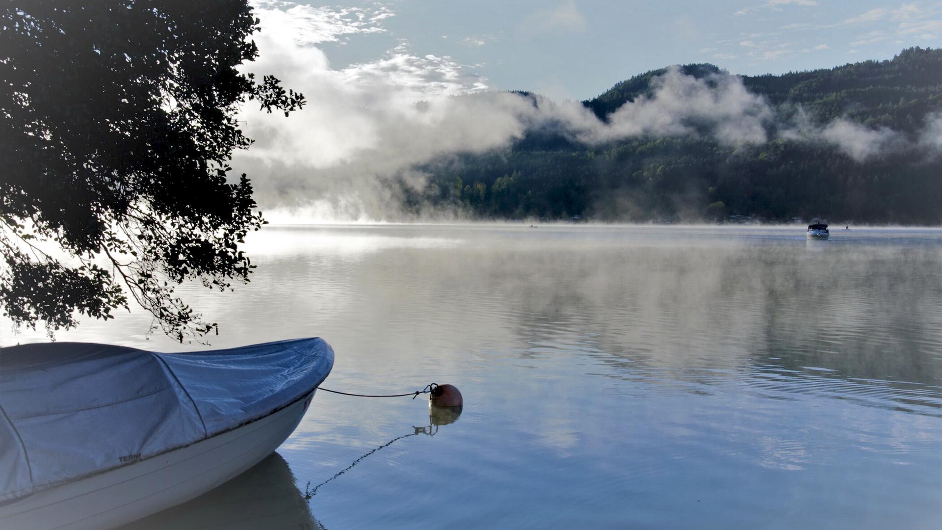 Seenlandschaft bei Kärnten. Im Hintergrund ein bewaldeter Berg, im Vordergrund ein Ruderboot. 