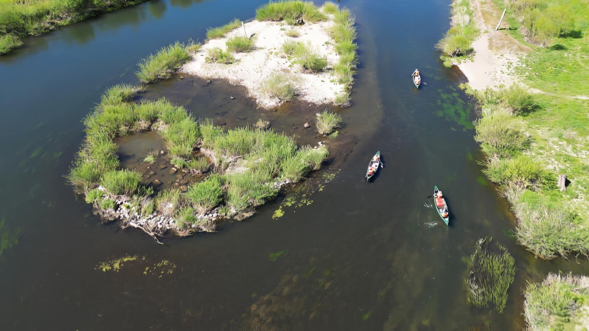 Kanus in einem Fluss aus der Vogelperspektive.