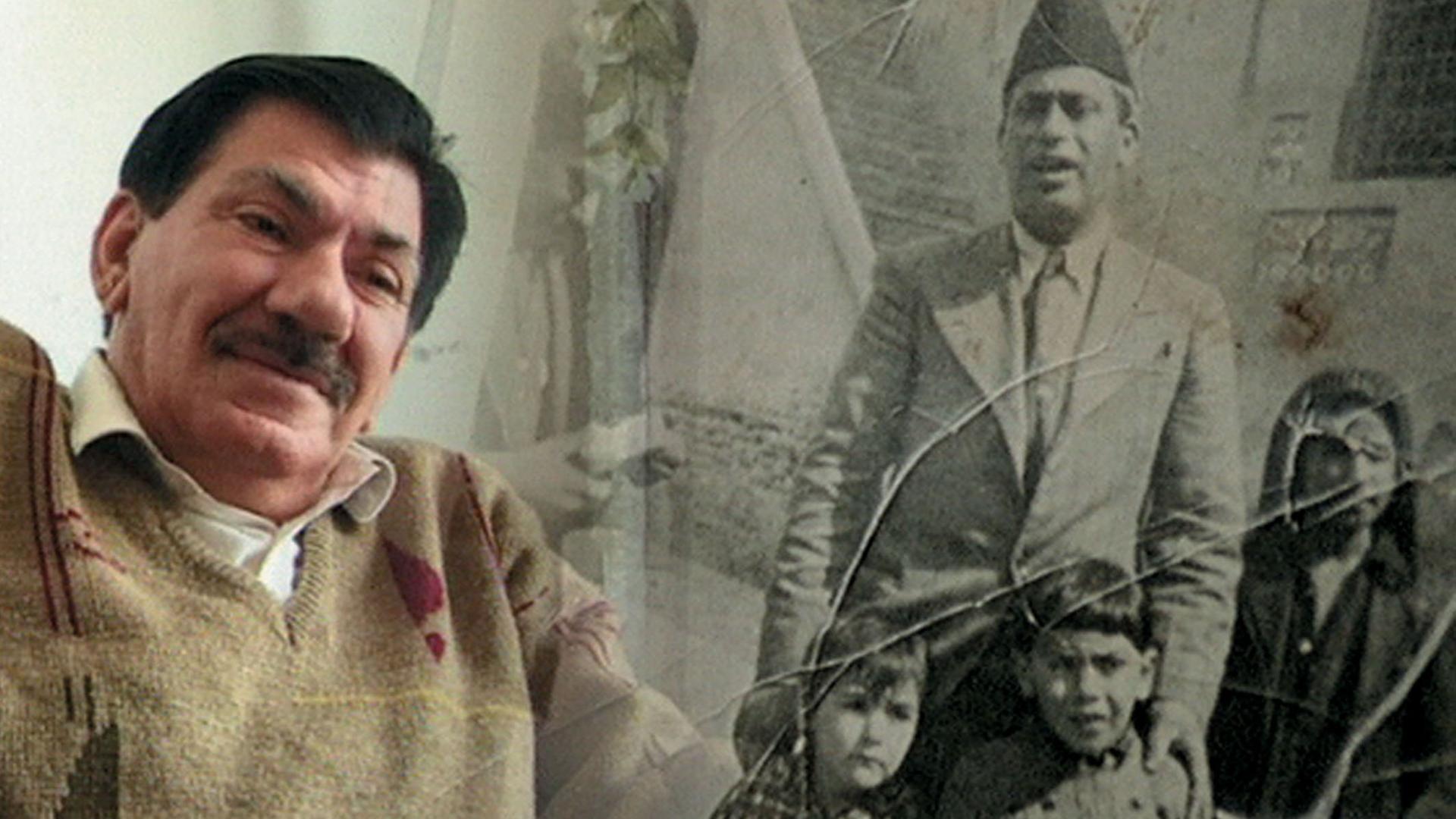 Porträt von Samir Naqqash, kombiniert mit einem alten Schwarz-Weiß-Foto seiner Familie.