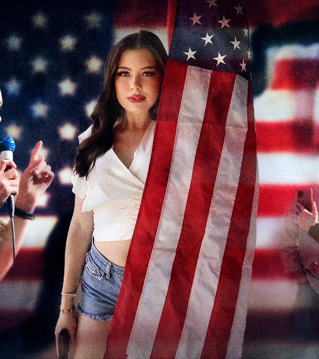 Bildcollage: Fotografien von drei Frauen unterschiedlichen Alters, zwischen 16 und 60, sind mit US-amerikanischen Flaggen vertikal und horizontal angeordnet.