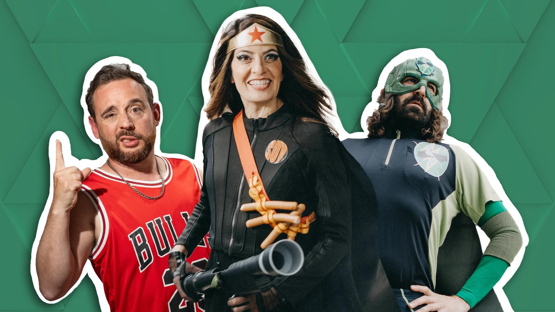 Bildcollage: Jakob Leube im Basketball-Trikot, Linda Zervakis als Captain-SUV und Freddy Radeke als Lastenrad-Man.
