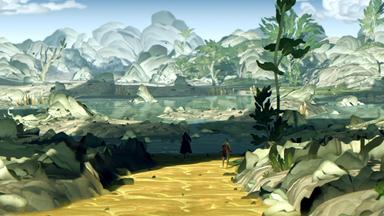 Gezeichnete Landschaft mit Bergen aun einem See in einem Computerspiel.