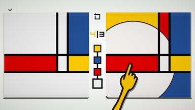 Abstraktes Bild, auf das ein gezeichneter Finger zeigt, Szene aus PC-Game "Please, Touch The Artwork"
