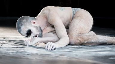 : Der Tänzer bei der Probe. Er steht auf der Bühne, ein Arm nach oben gestreckt, die Hand – einen Schwanenkopf darstellend – nach unten gerichtet. Der Körper weiß gepudert. Im Hintergrund hält jemand ein weißes Laken – wie eine Hängematte. Am vorderen Bildrand eine weitere Person und ein Kameramann.