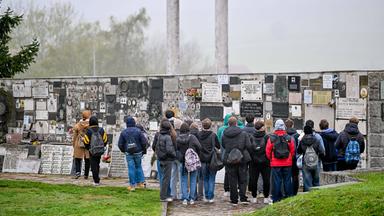Schüler stehen im Freien vor einer Mauer, an der viele Tafeln angebracht sind.