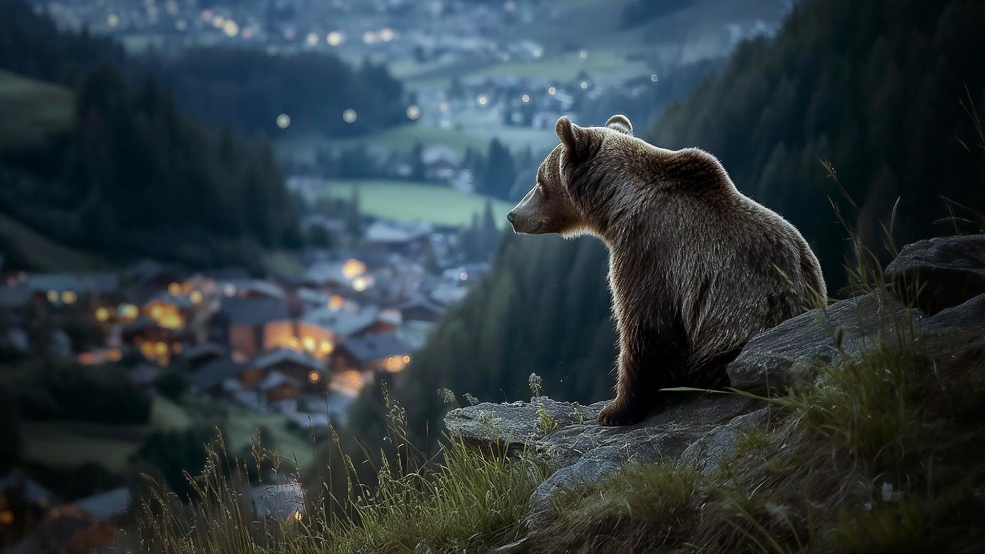 Ein Braunbär sitzt auf aufnem Berg und schaut ins Tal.