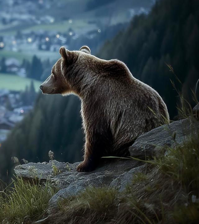 Ein Braunbär sitzt auf aufnem Berg und schaut ins Tal.