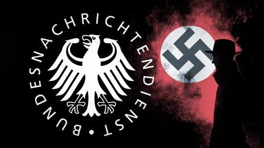  Collage: Links das Logo des BND, rechts die Silhouette eines Agenten vor Rauch, in dem eine Naziflagge zu sehen ist.