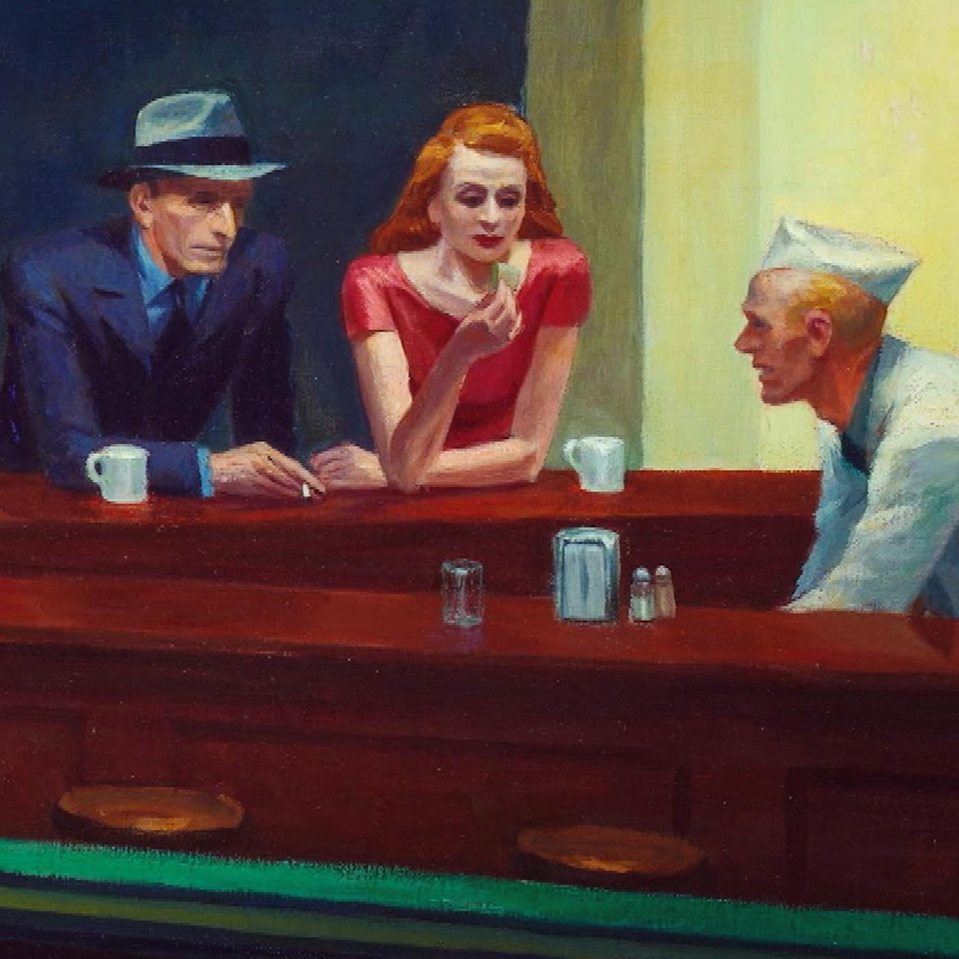 Eine Malerei, die einen Mann im Anzug und mit Hut und daneben eine Frau im rosa Kleid zeigt, die an einer runden Theke sitzen. Der Mann hält eine Zigarette in der Hand und die Frau hat ihren Arm auf dem Tresen aufgestützt. Vor ihnen stehen zwei Tassen. In der runden Theke steht ein junger Mann in einem weißen Oberteil und mit weißer Serviermütze. Er beugt sich gerade runter.